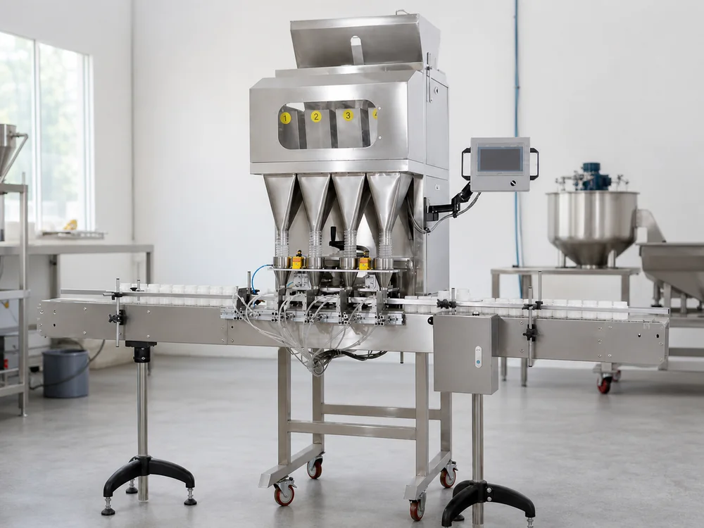 Powder dosing machine filling tubs in a clean production room